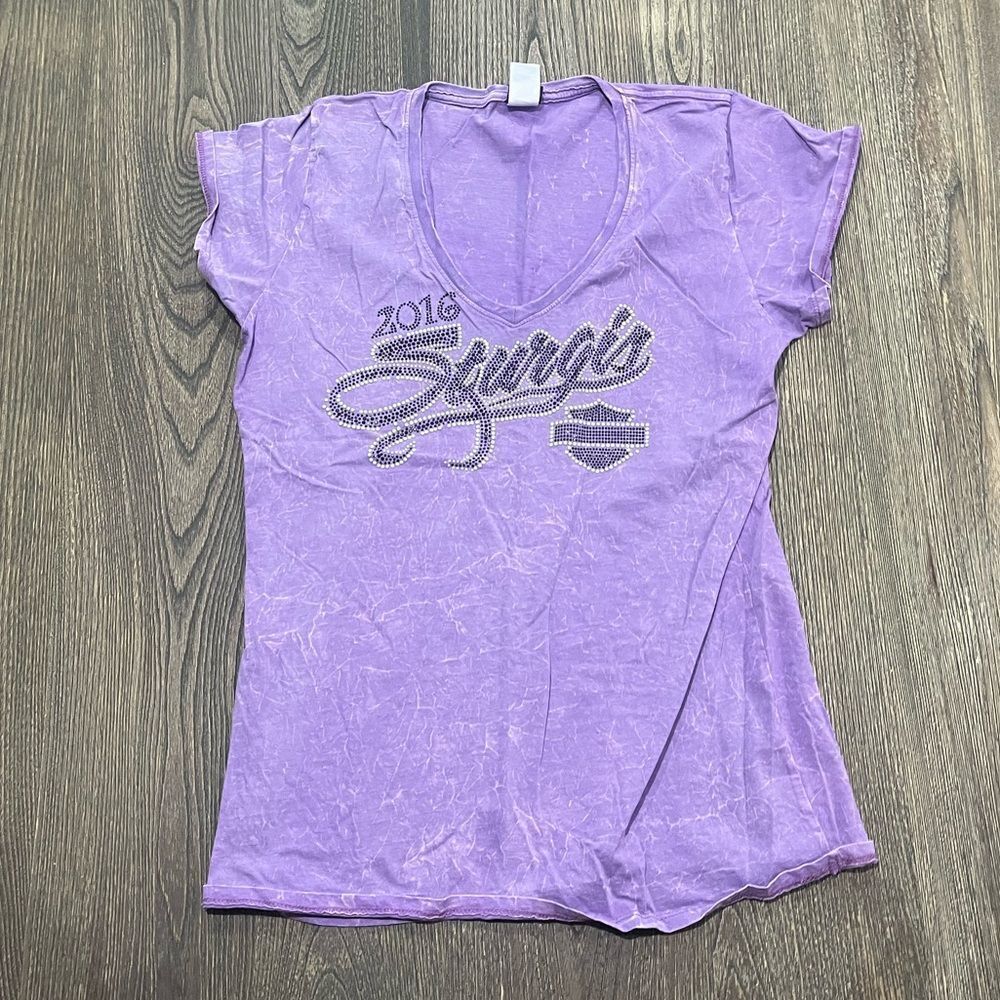 Harley-Davidson V-Neck T-Shirt Rhinstones Sturgis Print Short Sleeve Purple Sz M